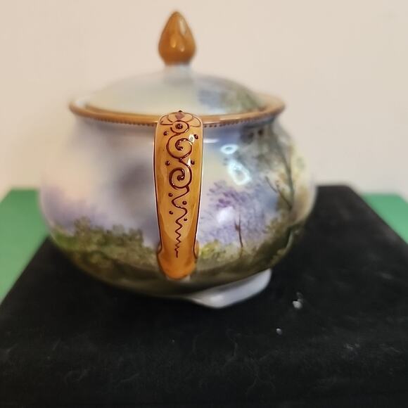 VTG Morimura Noritake Moriage Sugar Bowl Windmill Trees Water Blue White Lid - Picture 4 of 12